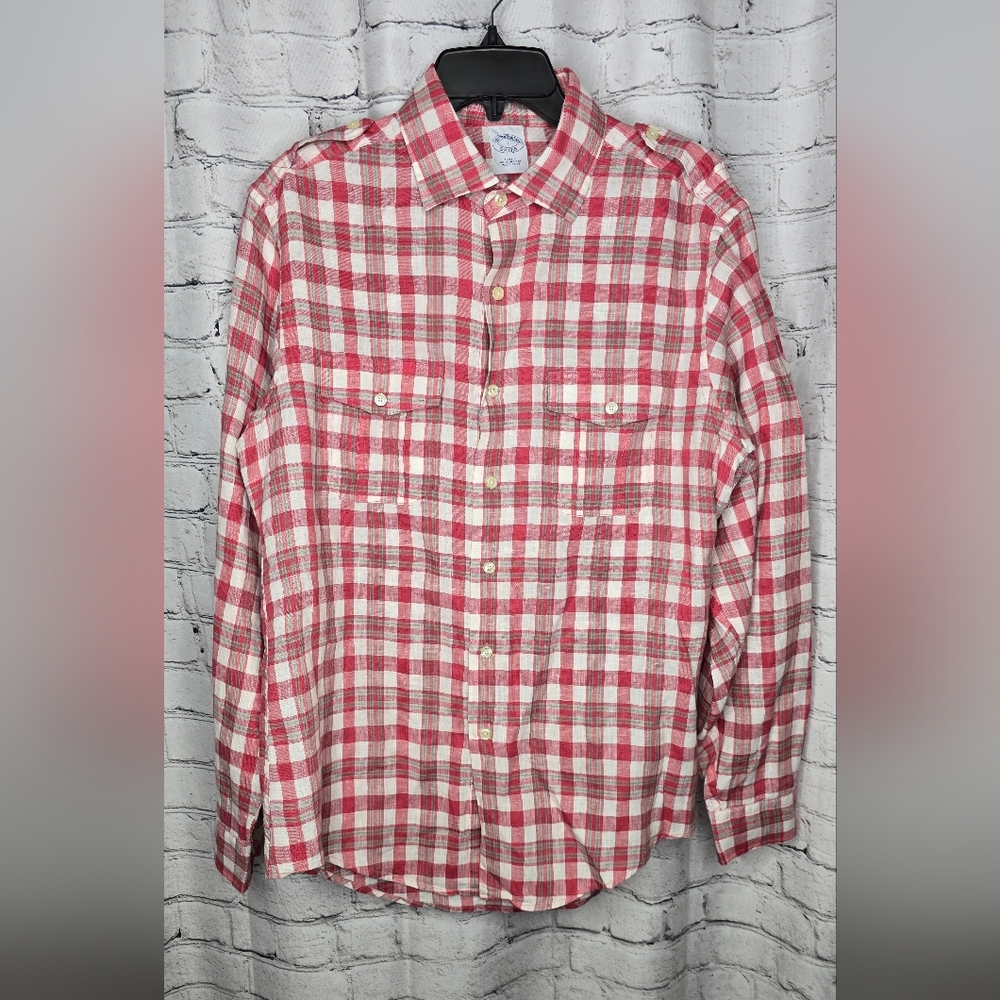 Brooks‎ Brothers Red and White Plaid Irish Linen Long Sleeve Shirt Size Large